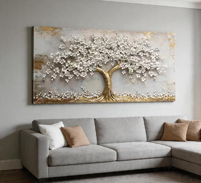Large Tree of Life Canvas Wall Art Gold and White Flower Big Tree Painting Picture Wall Decor Botanical Floral Poster Print Artwork for Living Room Dining Bedroom