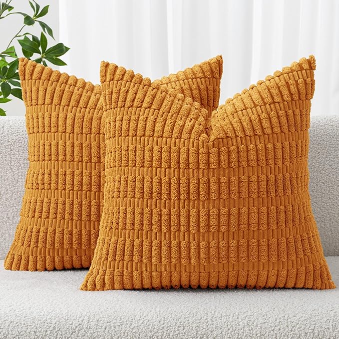 MIULEE Fall Pack of 2 Burnt Orange Corduroy Decorative Euro Sham Pillow Covers 24x24 Inch Soft Boho Striped Throw Pillow Covers Modern Farmhouse Home Decor for Sofa Living Room Couch Bed