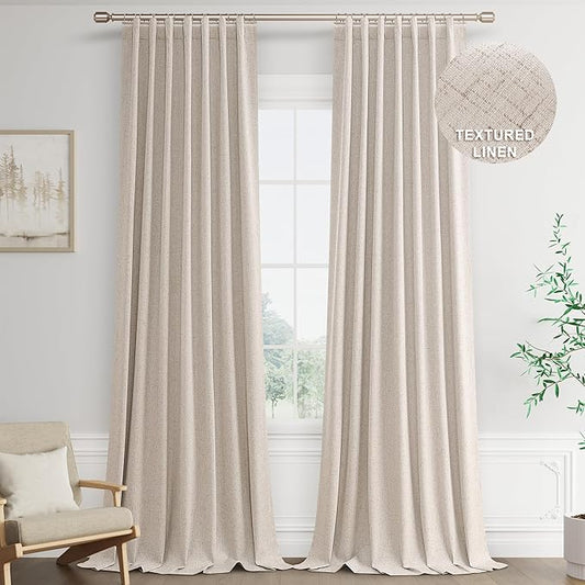 Joywell 100% Blackout Extra Long Linen Curtains 120 Inches Long for Bedroom Window Black Out Curtain 2 Panels Set Noise Reduction Drapes for High Ceiling Patio Back Tab Hook Belt,52 x 120,Oatmeal Tan