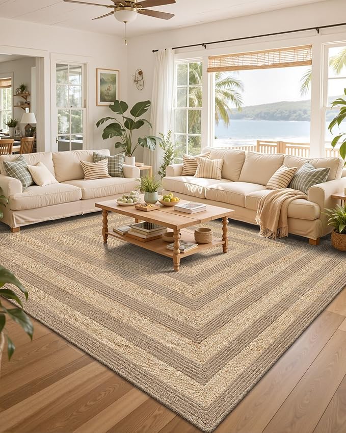 LUMI 9x12 Jute Hand Weave Area Rug, Raffia Braided Area Rug for Living Room, Farmhouse Style Indoor Outdoor Mat, Natural Woven Carpets, Handcrafted Home Decor Floor Rug for Dining Room, Patio