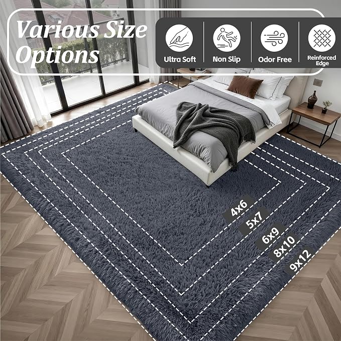 Fluffy 5x7 Area Rugs for Living Room Bedroom: Ultra Soft Shag Rug Non-Slip Non-Shedding Small Plush Bedside Rug Indoor Floor Carpets for Kids Room Playroom Entryway Nursery Dorms Home Decor Grey