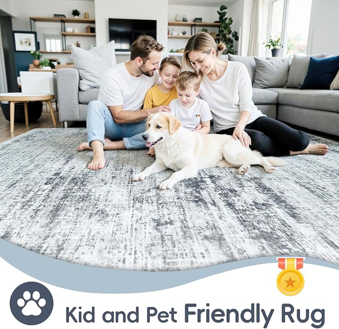 10x14 Area Rugs Washable Rug: Anti-Skid Abstract Modern Living Room Rug Soft Thin Carpets Indoor Floor Non-Shedding Carpet for Bedroom Dining Farmhouse Nursery Home Office (Black/Grey/White,10'x14')