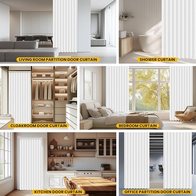 AJAZZ Set: Curtain Rods No Drilling (38-53" W Adjustable Range) & Accordion Door Curtain, White 53W×78" L, Accordion Doors for Closet Doorway Room Divider