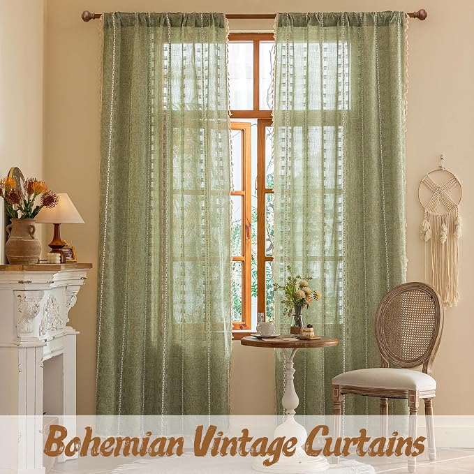 Boho Sheer Sage Green Curtains 84 inches Long 2 Panels for Living Room Bedroom,Farmhouse, Bohemian Tassels Country Light Filtering Xmas Curtains Shabby Chic Embroidery Striped Draps Back Tab, 50" W