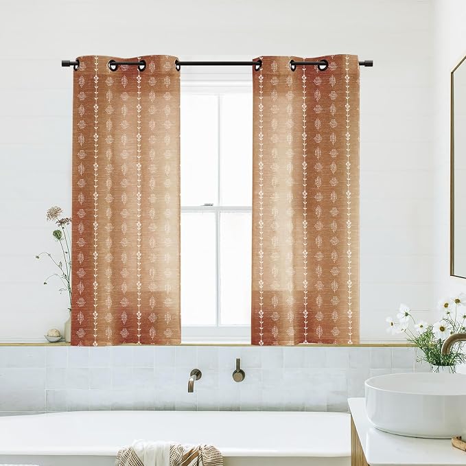 Lino Rosa Short Boho Curtains for Windows, 45 Inch Semi Sheer Terracotta Burnt Orange Pattern Vintage Drapes for Kitchen Window & Bedroom