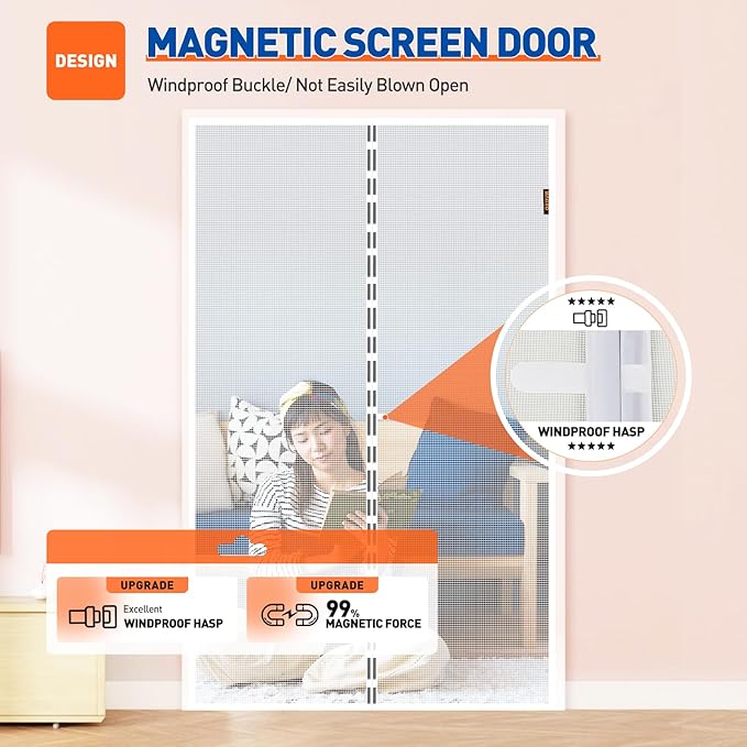 MAGZO Magnetic Screen Door Fit Door Size 48 x 80 Inch, Screen Size 50" x 81" Strong Magnet Door Mesh with Reinforced Hook & Loop for Patio, Sliding, French, White