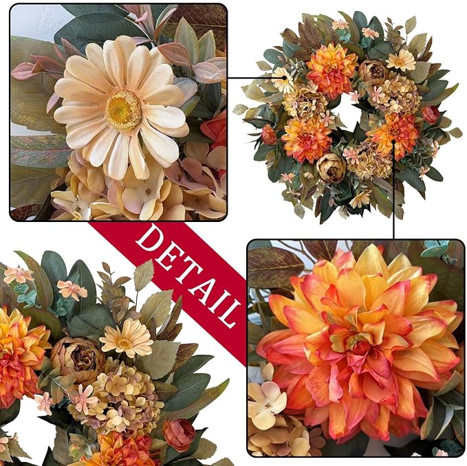 WANNA-CUL 24in Fall Front Door Wreath Dahlia Hydrangea Peony Table Decor | Twig-base autumn wreath with storage box for yearly reuse, ideal Thanksgiving indoor & covered outdoor seasonal gift
