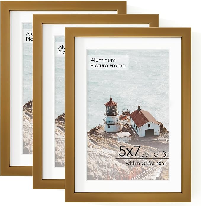 FLYJOE 5x7 Picture | Metal Picture Frame With Mat For 4x6 | 5x7 Aluminum Frame | 5 x 7 Photo Frame | Plexiglass And Hanging Hardware Included | 5x7 Black Picture Frame | 3Pcs, Bronze
