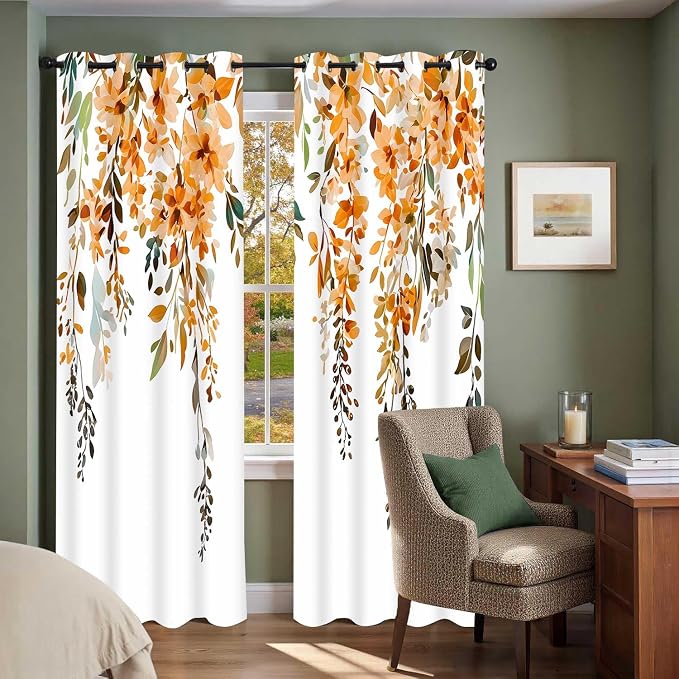 Orange Watercolor Floral Curtains, Botanical Leaves Vine Flowers Curtain, Rustic Farmhouse Flower Leaf Blackout Window Treatment Drapes for Bedroom Living Room 42x72 inch, 2 Panels