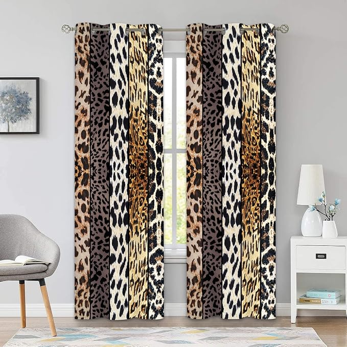 Wild Animal Print Curtain, Room Darkening Thermal Insulated Blackout Leopard Boa Window Drapes with Grommets for Living, Dining, Bedroom, Grey Leopard Print, 42"x 84", 2 Panels