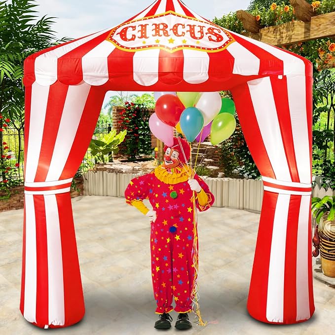 10ft Carnival Circus Tent Party Decorations, Red and White Striped Inflatable Arch with Build in LED Lights, Blow Up Tent for Circus Carnival Halloween Themed Birthday Party Decorations