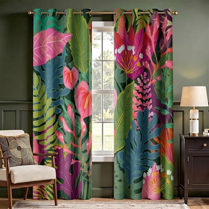 Boho Colorful Floral Blackout Curtain, Abstract Tropical Botanical Leaf Nature Asthetic Curtains, Retro Fun Funky Art Grommet Drapes 2 Panels, Farmhouse Bedroom Living Room Decor 52X84 Inch Green Pink