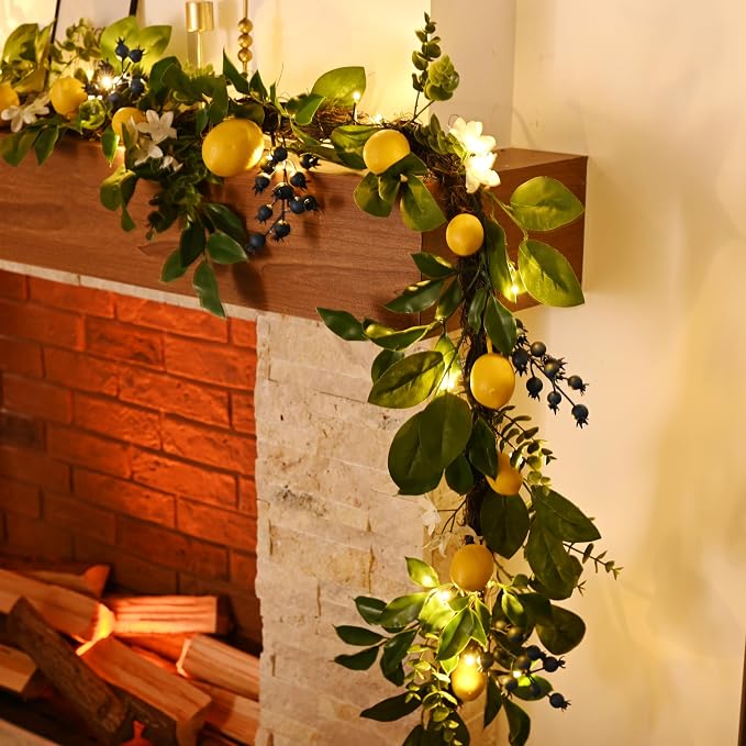 Valery Madelyn 6ft Artificial Lemon Garland for Mantel Summer Decor(Thick) | Faux Lemons Eucalyptus & Blueberry Summer Garland with Lights for Stairs Table Fireplace Farmhouse Kitchen Home Decor