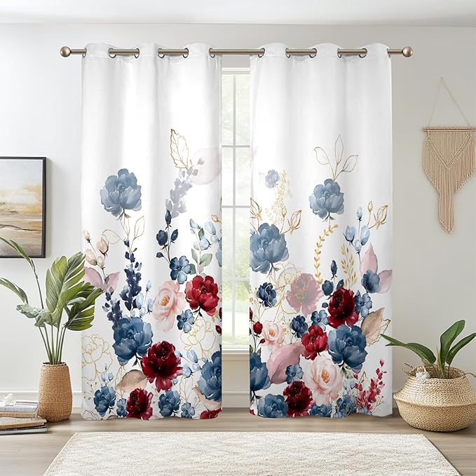 Renaiss Floral Blackout Curtains Watercolor Gray Blue and Red Peony Flower Bloossom Thermal Insulated Window Drapes for Bedroom 53W x 96L inches 2 Panel Set Window Curtains for Living Room