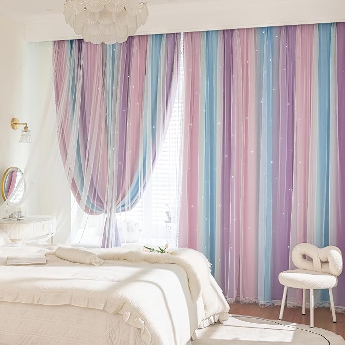 XiDi Pink Purple Blackout Curtains 108 Inches Long for Girls Bedroom 2 Panels Room Darkening Grommet Window Curtains Colorful Rainbow Design Unicorn Kids Nursery Princess Theme Decor 42Wx108L