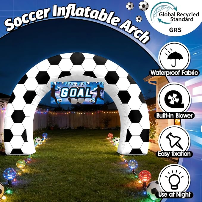 8FT Giant Soccer Inflatable Arch, Match Day Viewing Party Decorations for Fans, Soccer Sports Tournament Game Day Photo Backdrop with 1 Blower, 2 Banners & 3 LED Lights, Birthday Party Blow-Up Decor