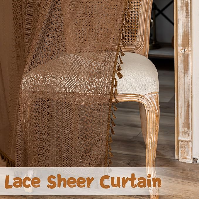 Sutuo Home Dark Coffee Door Curtain for Door Window, Lace Sheer Doorway Curtain for Closet Crochet Vintage Tassels Bohemian Privacy Temporary Room Divider Rod Pocket,1 Panel 37" x 80"