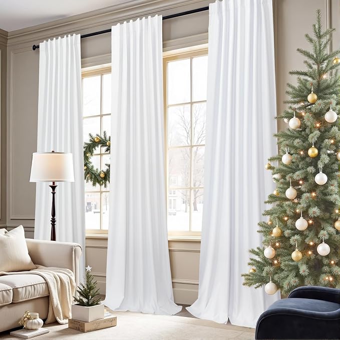 White Blackout Curtains 96 Inches Long 2 Panel Burg for Bedroom Thermal Insulated Total Black Out Boho Extra Wide Window Drape for Living Room Thick Linen Textured Soundproof Back Tab 8ft 52x96 Length