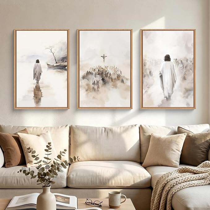 ARYROI Jesus Christ Walking On Water Framed Canvas Wall Art Set,Religious Christian Biblical Scenes Landscape Wall Decor,Watercolor Neutral Faith Scripture Cross Artwork for Living Room,Prayer Room,Church-16"x24"x3