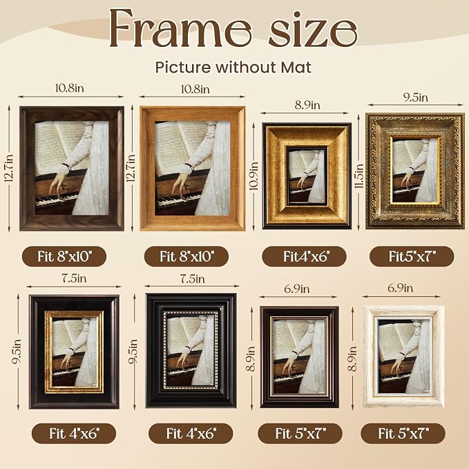 Lineshading 8 Pcs Picture Vintage Gallery Wall Frame Set Antique Picture Frame Collage Including 8x10, 5x7, 4x6 Baroque Victorian for Wall Tabletop Display Ornate Country for Bedroom Living Room