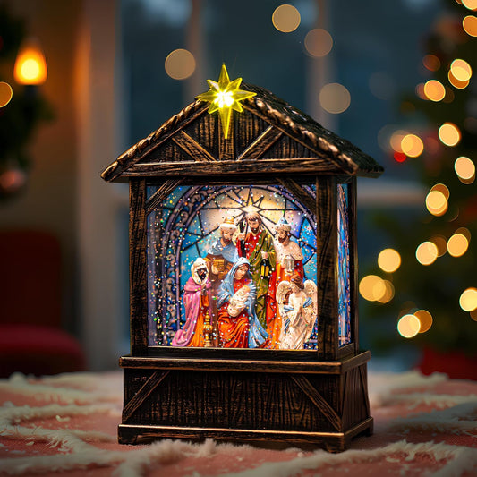 Christmas Snow Globe Lantern Water Glittering Nativity Manger with Star, USB Lined/Battery Operated Lighted Lantern for Christmas Festival Decoration Gifts