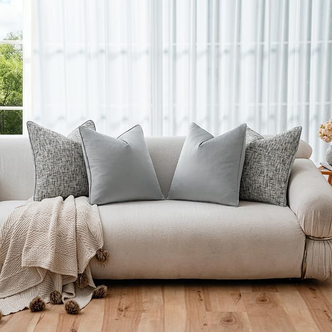 a moment Grey 4 Pack Throw Pillow Covers - Chenille & Velvet Set with Piping, Farmhouse Textured Design Pillow Cases for Couch Sofa Bed Livingroom (18x18 Inch, No Insert)