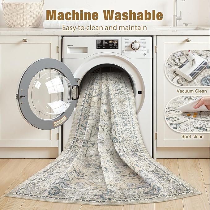 cotiled 5x8 Area Rug Machine Washable Vintage Carpet for Living Room Bedroom Soft Non-Slip Backing Floor Mat Kid & Pet Friendly Stain Resistant Green