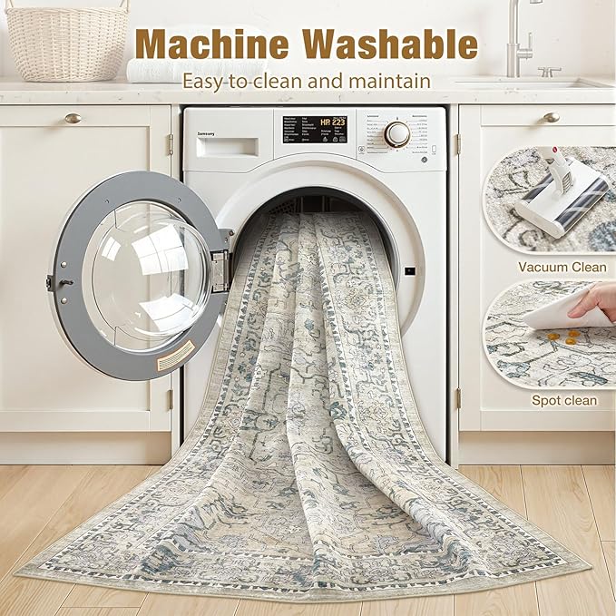 cotiled 7x9 Area Rug Machine Washable Vintage Carpet for Living Room Bedroom Soft Non-Slip Backing Floor Mat Kid & Pet Friendly Stain Resistant Green