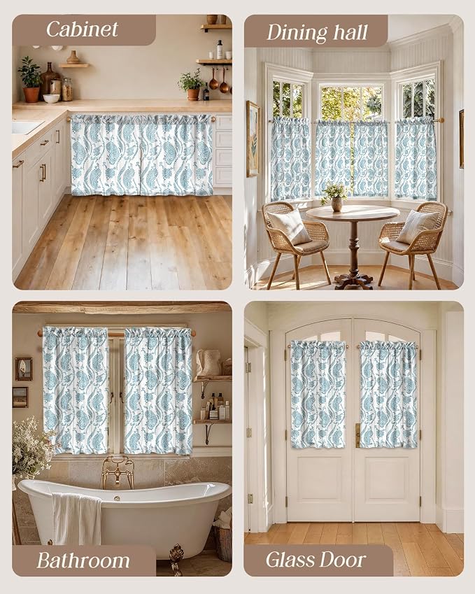 Miss Adola Farmhouse Kitchen Tier Curtains - 45 Inch Length Linen Blend Floral Cafe Curtains Blue Small Window Treatments Over Sink Rod Pocket for Bathroom Living Room Light Filtering, 2 Panels
