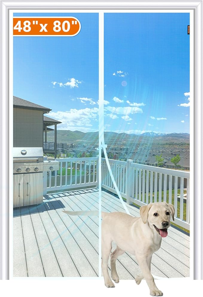 MAGZO Magnetic Screen Door Fit Door Size 48 x 80 Inch, Screen Size 50" x 81" Strong Magnet Door Mesh with Reinforced Hook & Loop for Patio, Sliding, French, White