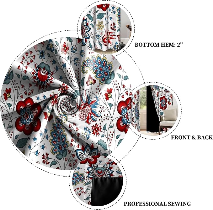 Renaiss Boho Floral Blackout Curtains, Bohemian Flower Plant Print Thermal Insulated Bedroom Window Curtains, Botanical Art Window Drapes for Living Room, 84" L x 42" W 2 Panel Set