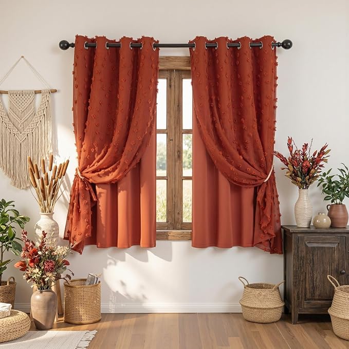 MYSKY HOME Double Layer Boho Curtains for Bedroom 63 Inches Length Long Terracotta Pom Pom Sheer Window Drapes 2 Panels Girls Curtain Room Darkening Grommet Blackout Curtains, W52 X L63