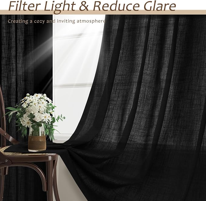 Black Curtains 90 Inches Long Cotton Linen Rod Pocket Back Tab Semi Sheer Black Drapes Privacy Light Filtering Lightweight Aesthetic Modern Elegant Boho Window Curtains 2 Panel Sets for Living Room