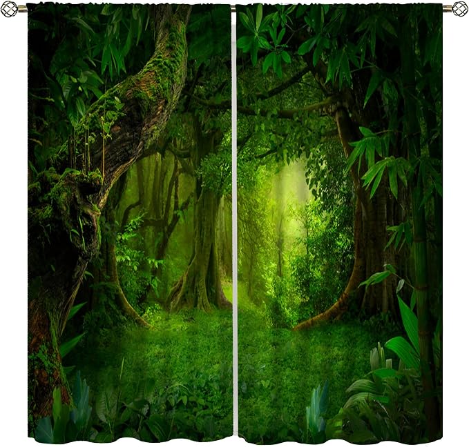 Grey Forest Blackout Curtains for Bedroom,Cartoon Watercolor Nature Mountains Misty Forest Plants Trees Print for Kids Boys Girls Living Room Bathroom 63x72in