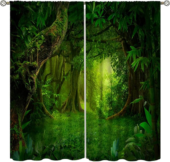 Grey Forest Blackout Curtains for Bedroom,Cartoon Watercolor Nature Mountains Misty Forest Plants Trees Print for Kids Boys Girls Living Room Bathroom 63x63in