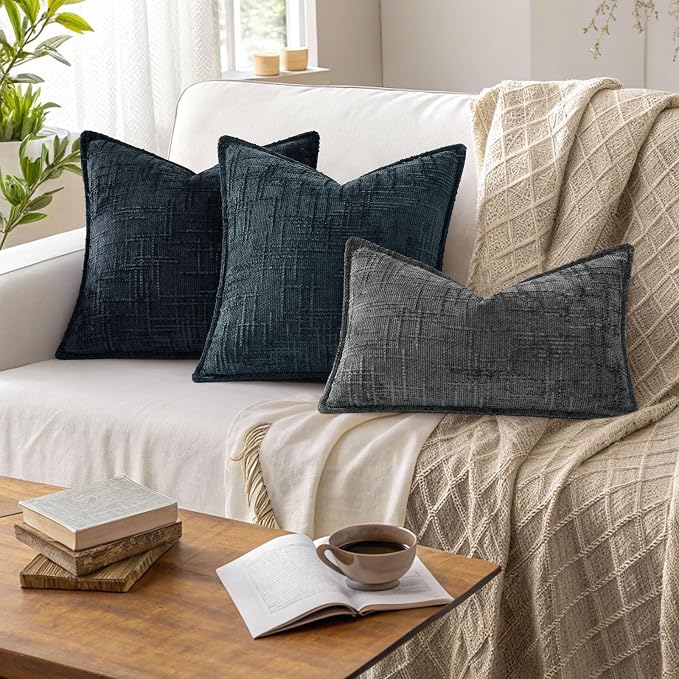 decorUhome Chenille Throw Pillow Covers 18x18 Set of 2, Thick Textured Slubby Neutral Decorative Pillow Covers with Elegant Design for Couch, Sofa, Living Room, Dark Teal