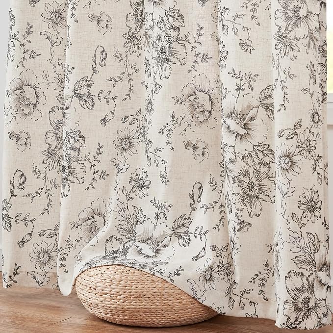jinchan Lined Linen Blend Curtain Floral Curtains for Living Room 90 Inches Long Black Peony Flower Printed Curtain Back Tab Farmhouse Patterned Drapes Bedroom Window Curtains Set 2 Panels