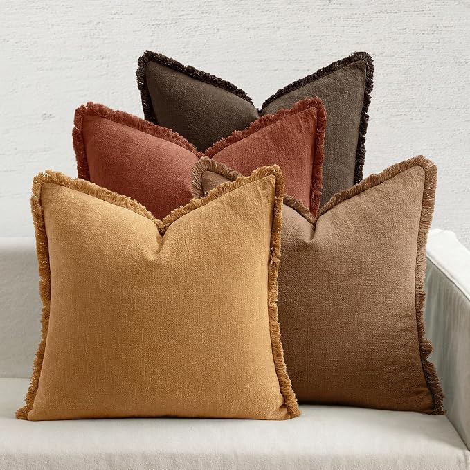MIULEE Decorative Couch Pillow Covers Neutral Linen Fringe Throw Pillows Set of 4 Soft Rustic Cushions Boho Farmhouse Pillowcases for Bed Sofa Living Room Spring Decor 18x18 Inch Orange/Yellow