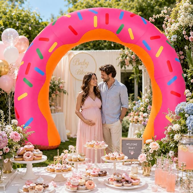 Jenaai 8ft Giant Donut Inflatable Arch Blow up Doughnut Inflatable Outdoor Yard Decorations with Built in LED Lights Outdoor Birthday Party Baby Shower Holiday Decor for Garden Lawn