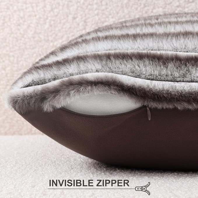 Pallene Faux Fur Plush Throw Pillow Covers 22x22 Set of 2, Luxury Soft Fluffy Striped Decorative Pillow Covers for Sofa, Couch, Living Room, Ombre Coffee