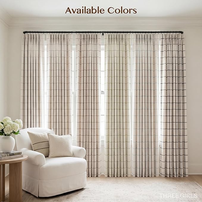 THREE GIRLS Pinch Pleated Plaid Curtains Blackout Linen Gingham Brown Curtains for Living Room,Bedroom Checkered 84 Inches Long Double Layer 2 Panels Set Luxury and Modern Printed Design Darkening