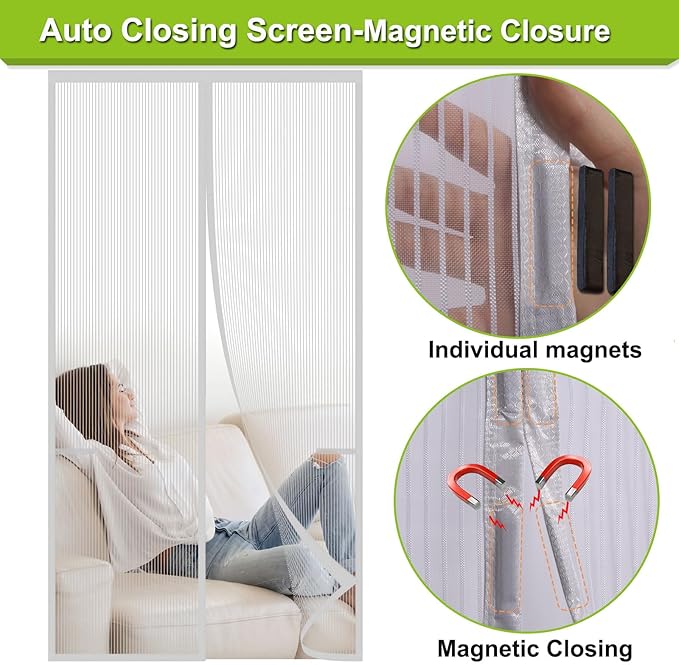 Risareyi Magnetic Screen Door Heavy Duty, Front Door Screen Magnetic Closure Thicken Tear-Resistant Mesh Keep Bugs Out, White - Net Curtain Itself Size 82" x 90"