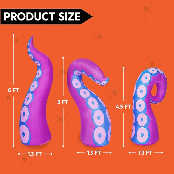 Joiedomi 3 Pcs Halloween Inflatables Octopus Tentacle Outdoor Window Decorations, Octopus Legs with Build-in LEDs, Halloween Front Door Window Roof Prop, Outdoor Holiday Blow up Decor for Garden Lawn