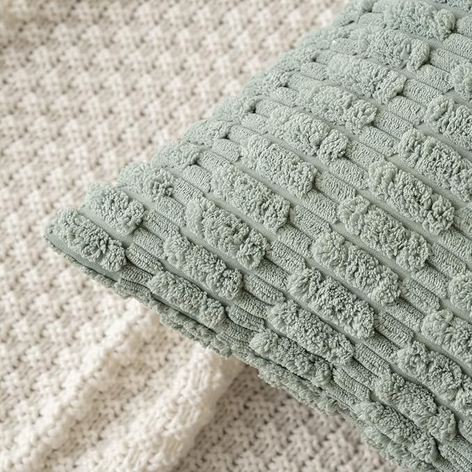 MIULEE Pack of 2 Spring Corduroy Decorative Throw Pillow Covers 20x20 Inch Soft Boho Striped Pillow Covers Modern Farmhouse Home Decor for Summer Sofa Living Room Couch Bed Greyish Green