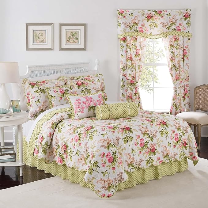 Waverly Emma’s Garden 4-Piece Quilt Set – King - Blossom Floral Print - 100% Cotton with Scalloped Edge & Striped Bed Skirt
