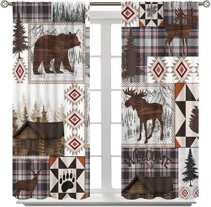 Retro Bear Blackout Curtains Vintage Woodland Wild Animal Country Tribal Southwestern Native Geometry Aztec Hunting Wild Animal Windows Treatments for Kitchen Farm Living Room Bedroom 63x63in