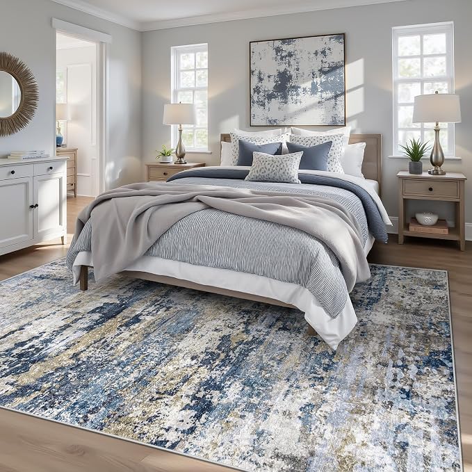 pmtsns Area Rugs 5x7 for Living Room: Washable Rug Modern Abstract Neutral Soft Non-Slip Low-Pile Indoor Carpet for Bedroom Dining Room Playroom Home Office (Blue Grey Brown, 5'x7')