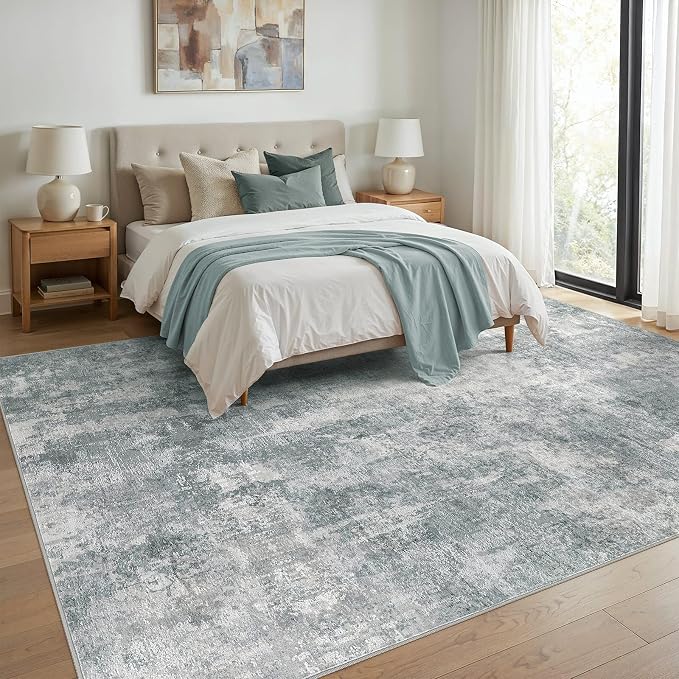 WITSHOCK Area Rugs 9x12 Living Room Rug - Washable Neutral Soft Low Pile Non-Slip Modern Abstract Thin Large Indoor Carpet for Bedroom Dining Room Nursery Office - Grey