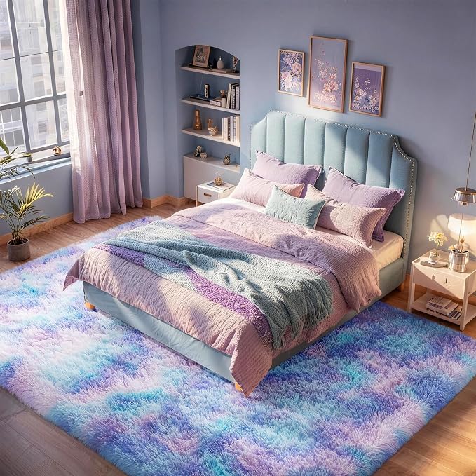 Ophanie Rainbow Purple Mermaid Rugs for Living Room 6x9,Kids Fluffy Shag Fuzzy Plush Soft Carpets,Floor Shaggy Area Rugs for Bedroom,Carpet for Kids Girls Dorm Decor with Over 99 pcs Pile fibers