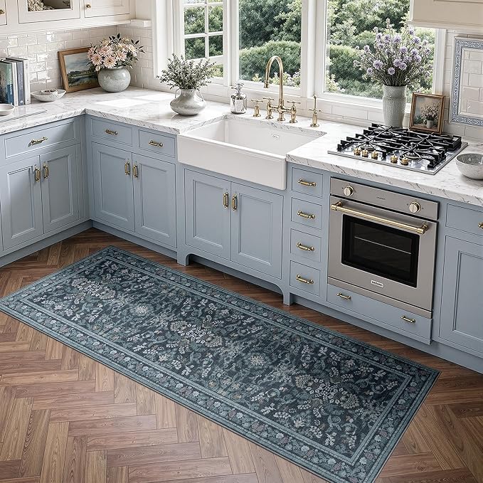 DCX Washable Runner Rug 2x6, Blue Vintage Floral Hallway Rug with Non Slip Rubber Backing, Soft Low Pile Kitchen Runner Rug, Machine Washable Area Rug for Entryway, Laundry Room, Bathroom